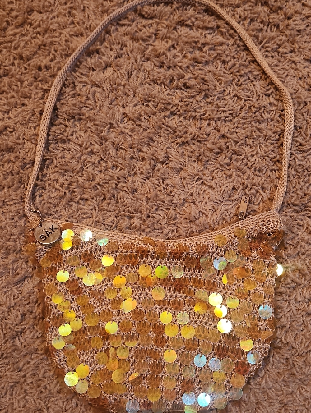 The Sak Gold Sequin Tan Crochet Shoulder Bag